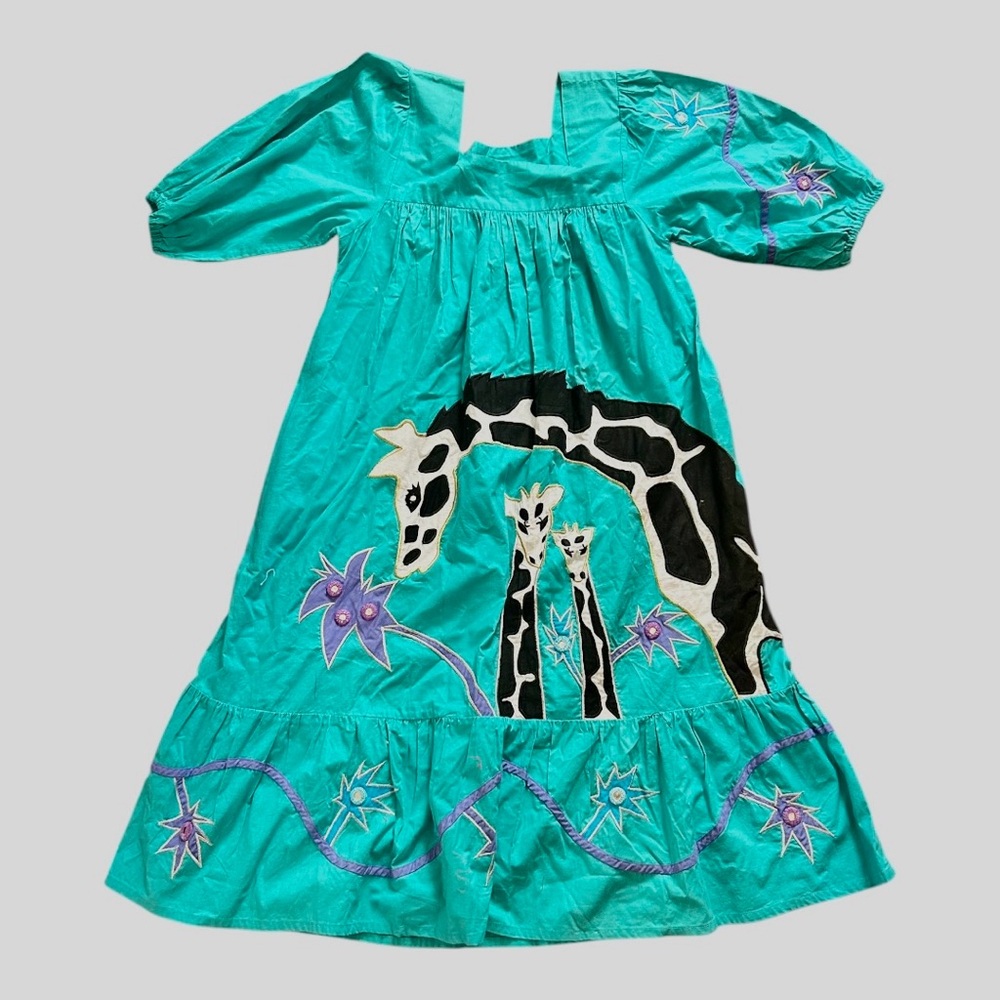 1970's Ramona Rull Embellished Floral Caftan Style Puffed Sleeve Maxi Dress